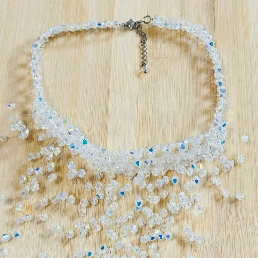 Vtg Waterfall Cascading Necklace Aurora‎ Borealis Crystal Statement Sparkly 14